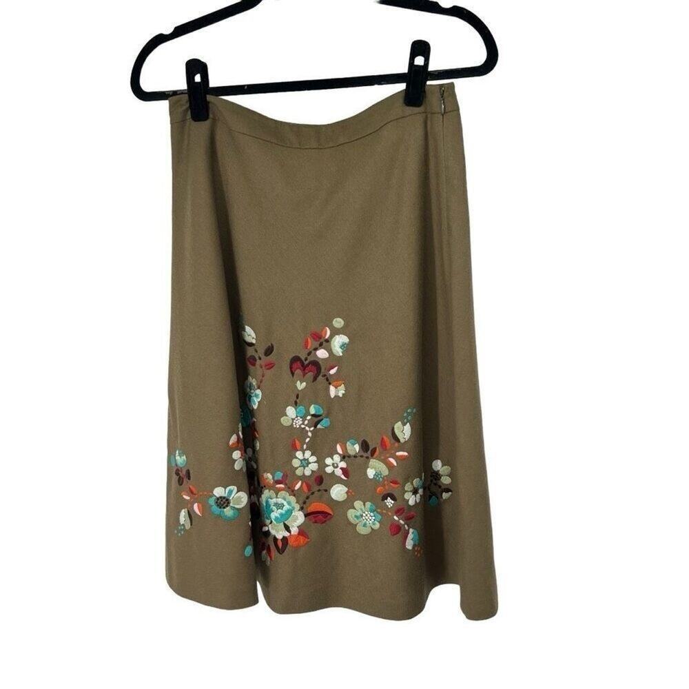 Oilily Green Floral Embroidered Wool Knee Length Skirt Sz S Womens